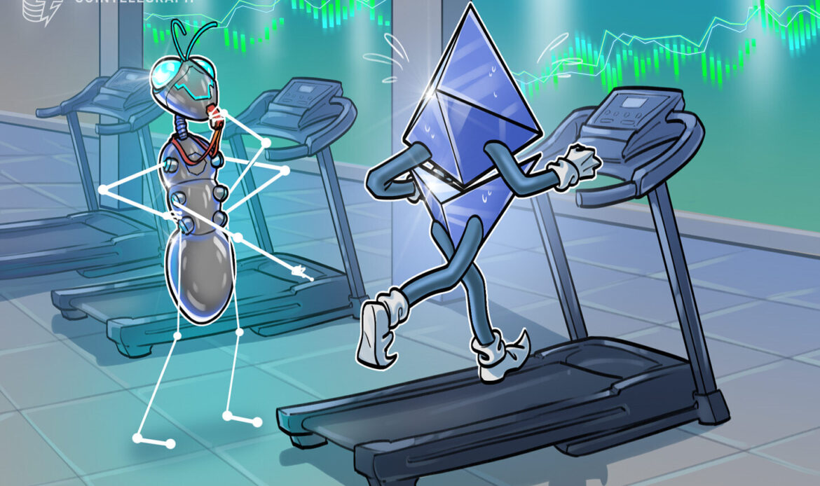Animated blue geometric Ethereum diamond icon running actively on a physical fitness treadmill machine in a gym setting.