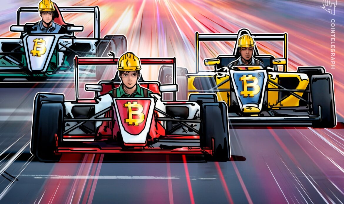 Cartoon graphic showing two racing cars branded with Bitcoin logos speeding along a vibrant neon racing track array.