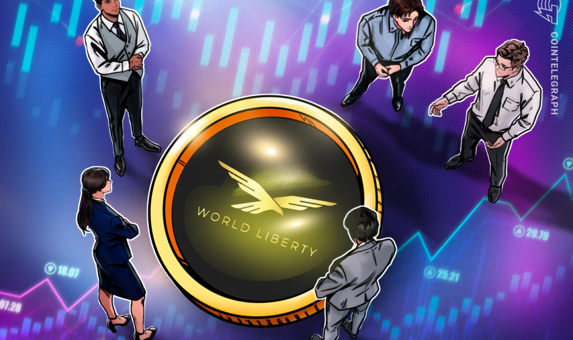 Top-down cartoon artwork showing tech professionals looking down at a giant glowing gold coin emblem embedded in a floor.