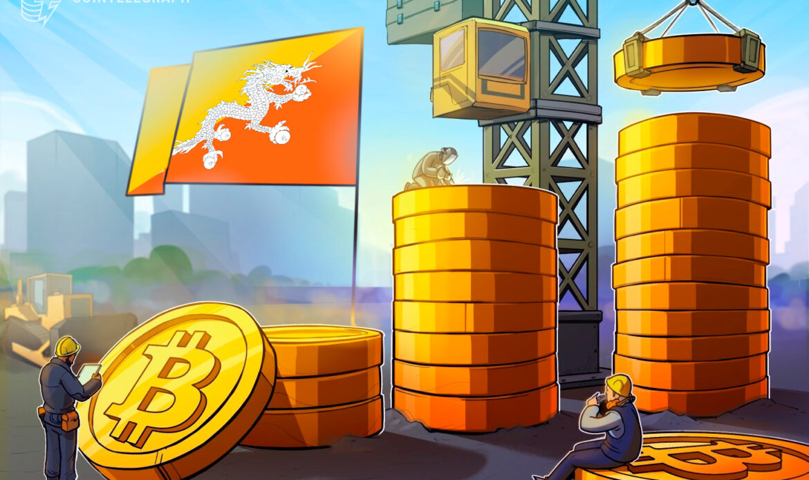 A bright graphic showing the national dragon flag of Bhutan waving next to a heavy industrial crane lifting gold coins.