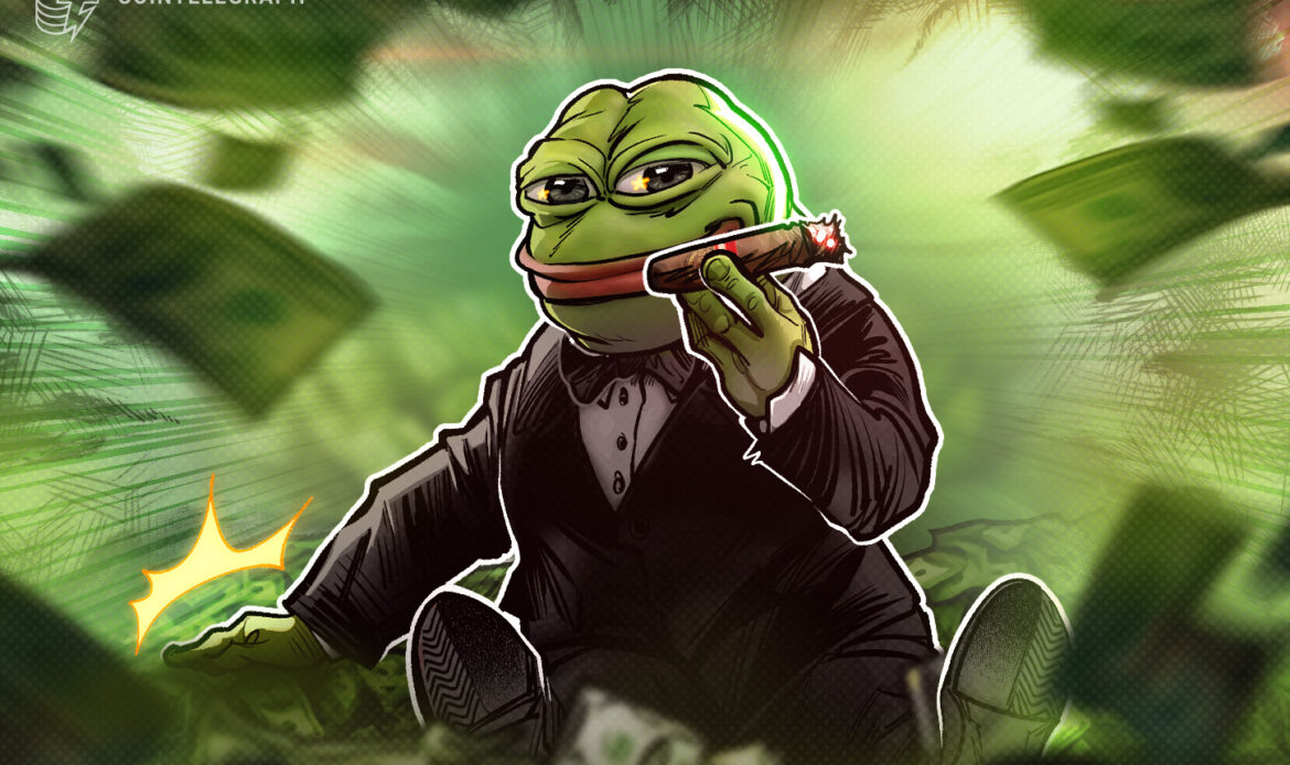 Graphic cartoon sticker showing the iconic green Pepe the Frog character dressed in a sharp tuxedo while smoking a fine cigar.