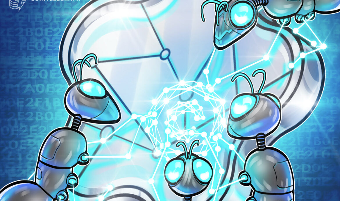 Technical graphic showing a glowing blue network hub sphere interconnected with multiple futuristic insect-like microchips.