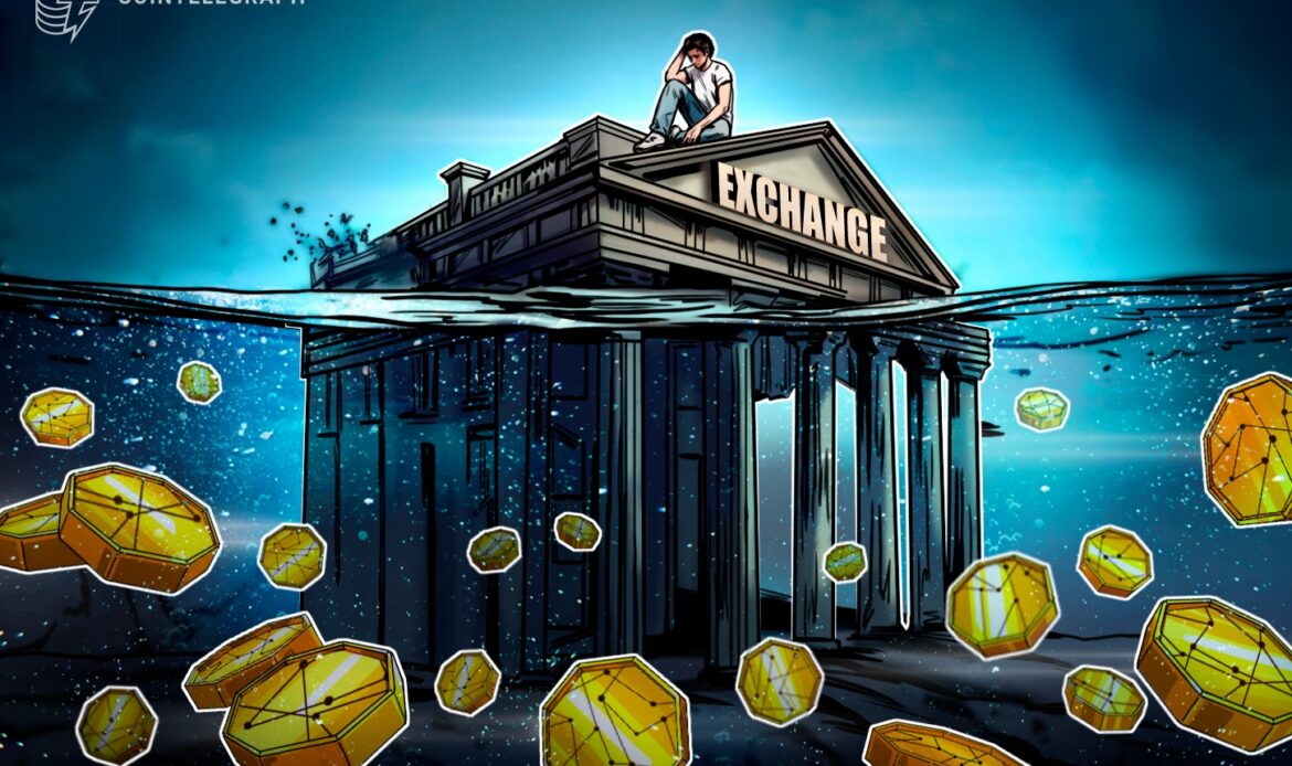 An artistic illustration showing a classic Greek columns exchange building half-submerged in rising water under a bright blue sky.