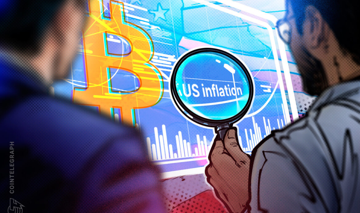 A magnifying glass focused tightly on a bright blue circular graphic displaying the text US Inflation.