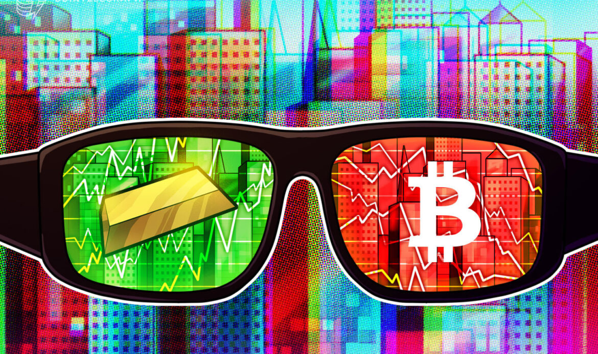 Close-up of a pair of eyeglasses displaying a stylized green stock chart line and a white Bitcoin logo inside the lens reflections.