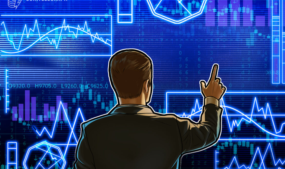 Back view of a trader standing in front of a giant digital workstation matrix flashing bright blue financial candlestick lines.