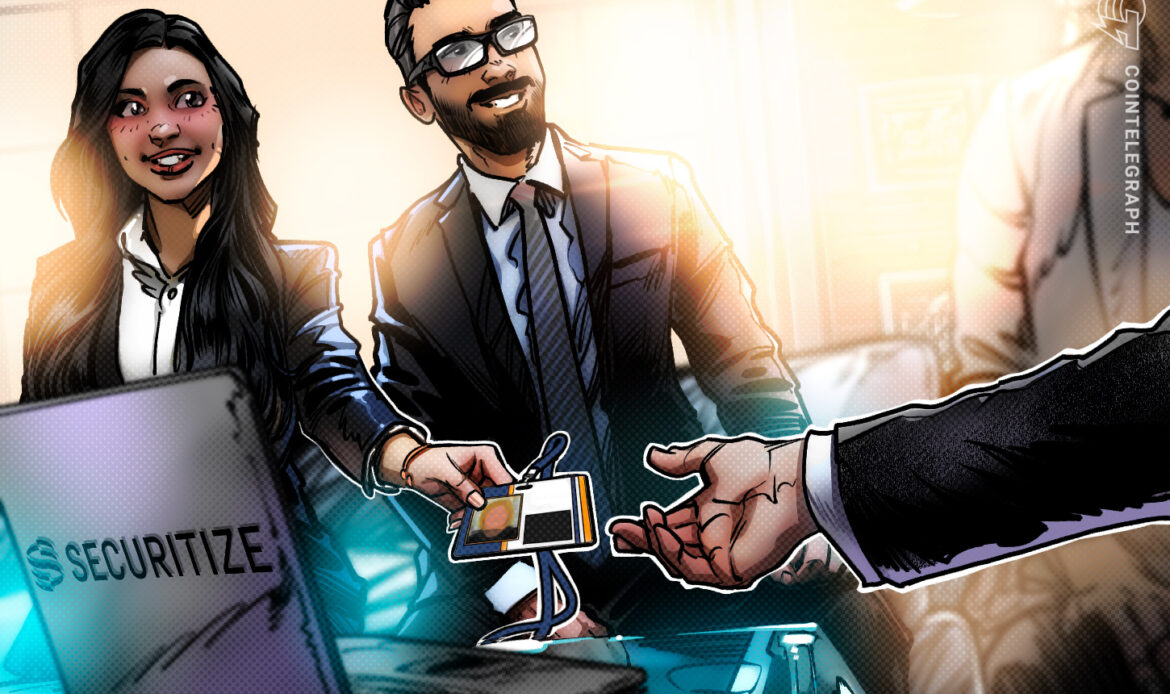 Comic artwork depicting a professional man in a tailored dark suit smiling broadly inside an illuminated tech workspace room.