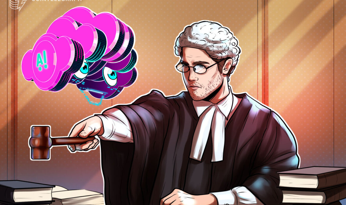 Cartoon illustration of a formal judge in a traditional grey wig and black robes pointing forward aggressively.