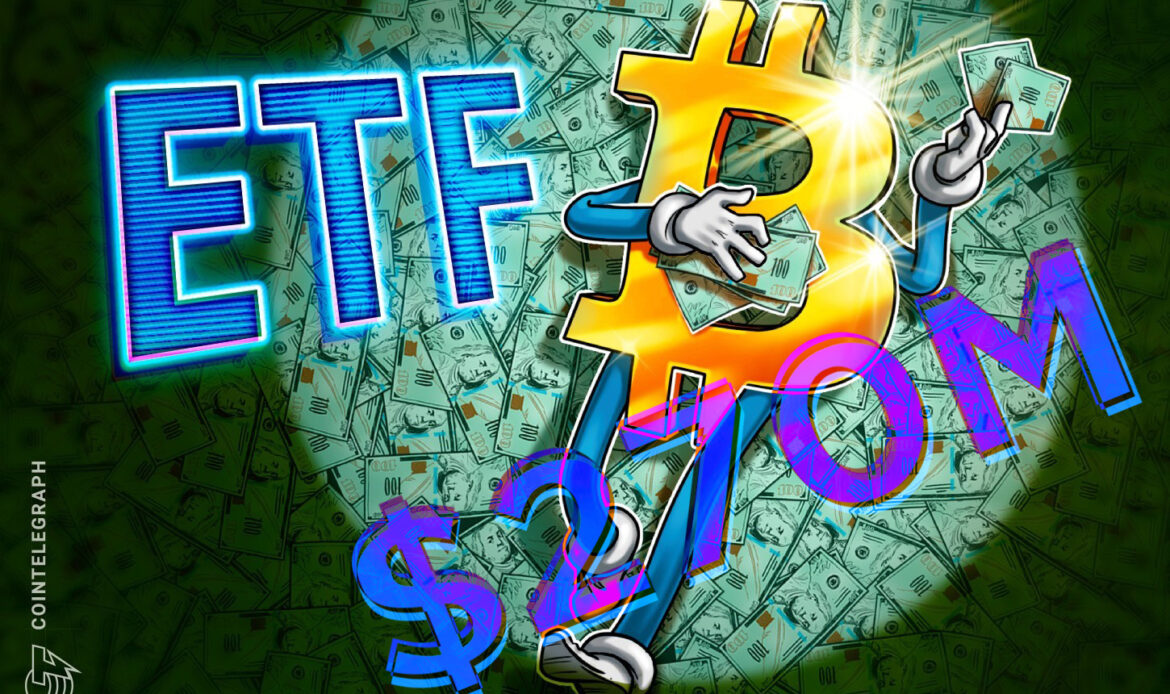 Energetic cartoon graphic showing a big green Bitcoin character standing triumphantly next to a giant bold blue ETF sign.