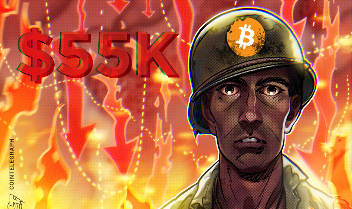 Composite graphic showing a sad soldier in a helmet next to bold red chart text reading $55K