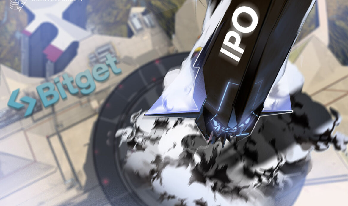 Technical graphic showing a corporate exchange interface screen overlaying a large glowing text banner reading IPO.