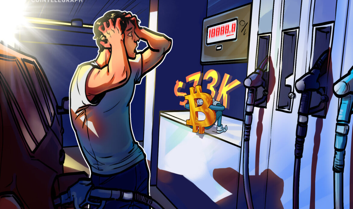 Cartoon drawing of an anxious retail trader holding his head in front of a gas pump showing a $73K price limit.