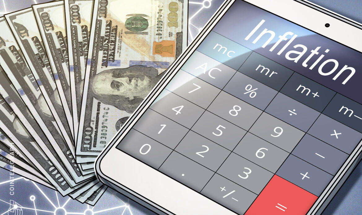 A silver calculator resting on a pile of one hundred dollar bills next to a chart labeled Inflation