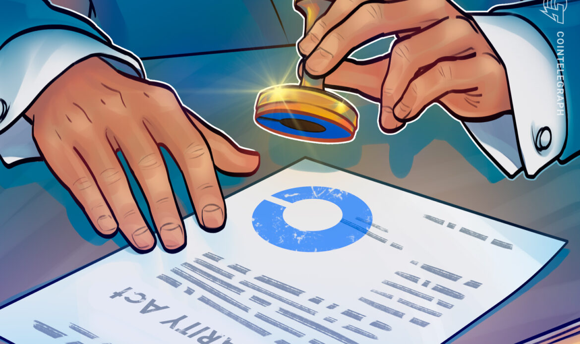 Cartoon illustration of an executive’s hand applying a golden corporate stamp seal down onto a blue pie chart document.