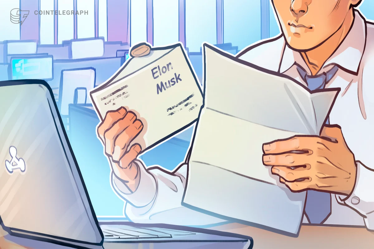 Illustration of an executive holding an open white paper document containing the typed name Elon Musk.