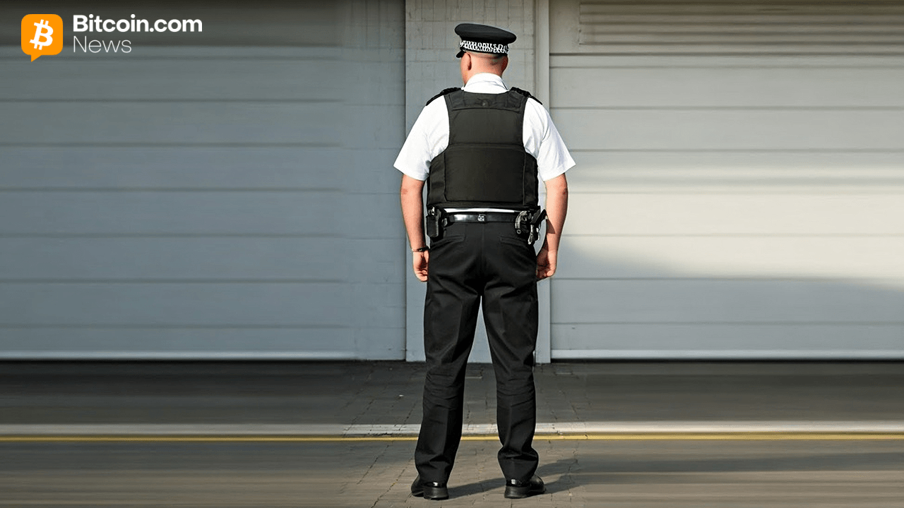 Back view photo of a law enforcement guard in a dark bulletproof vest standing watch against a grey industrial wall.