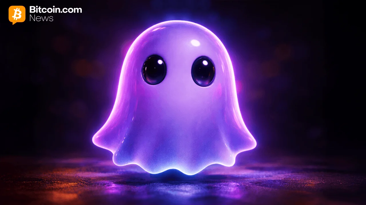 A 3D render of a cute, glowing translucent purple ghost character with big dark eyes against a dark space background.