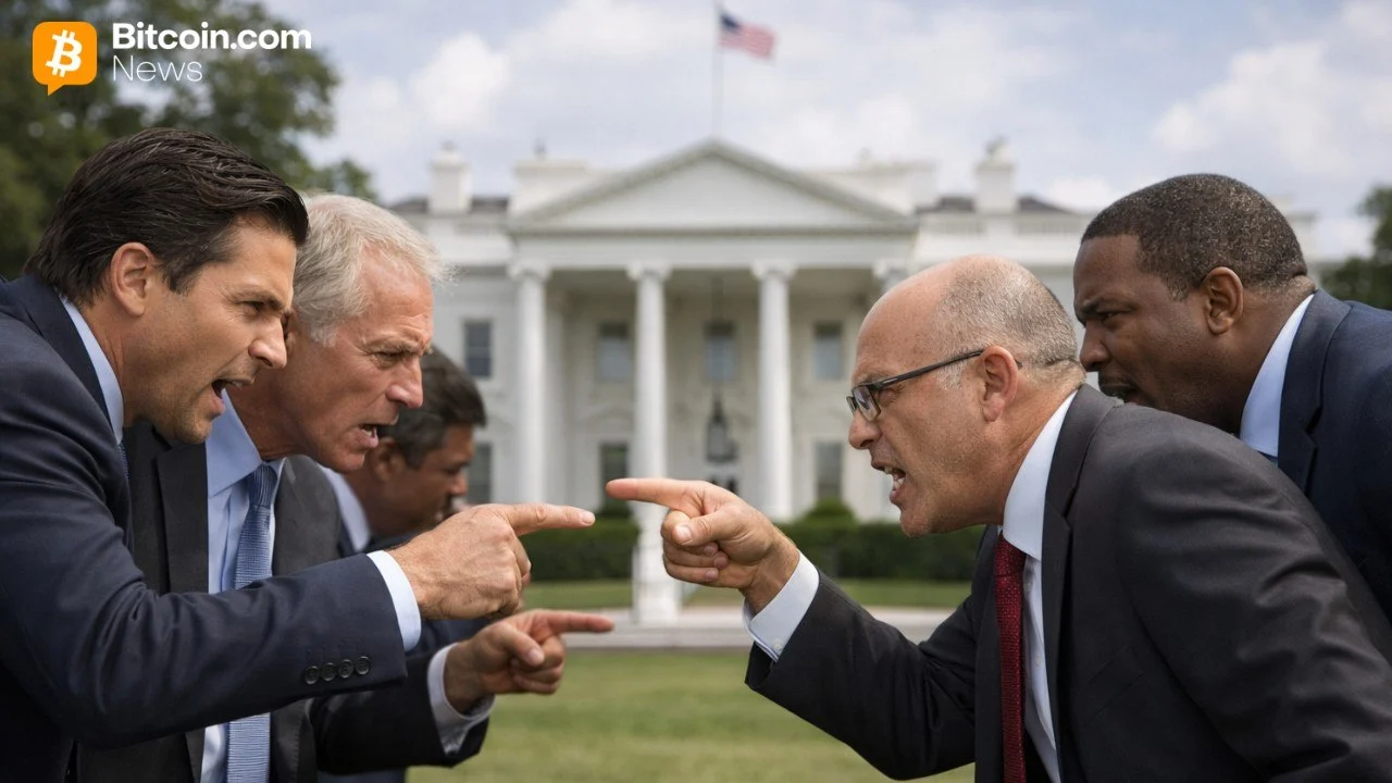 Financial executives engaged in a serious conversation outside the White House building.