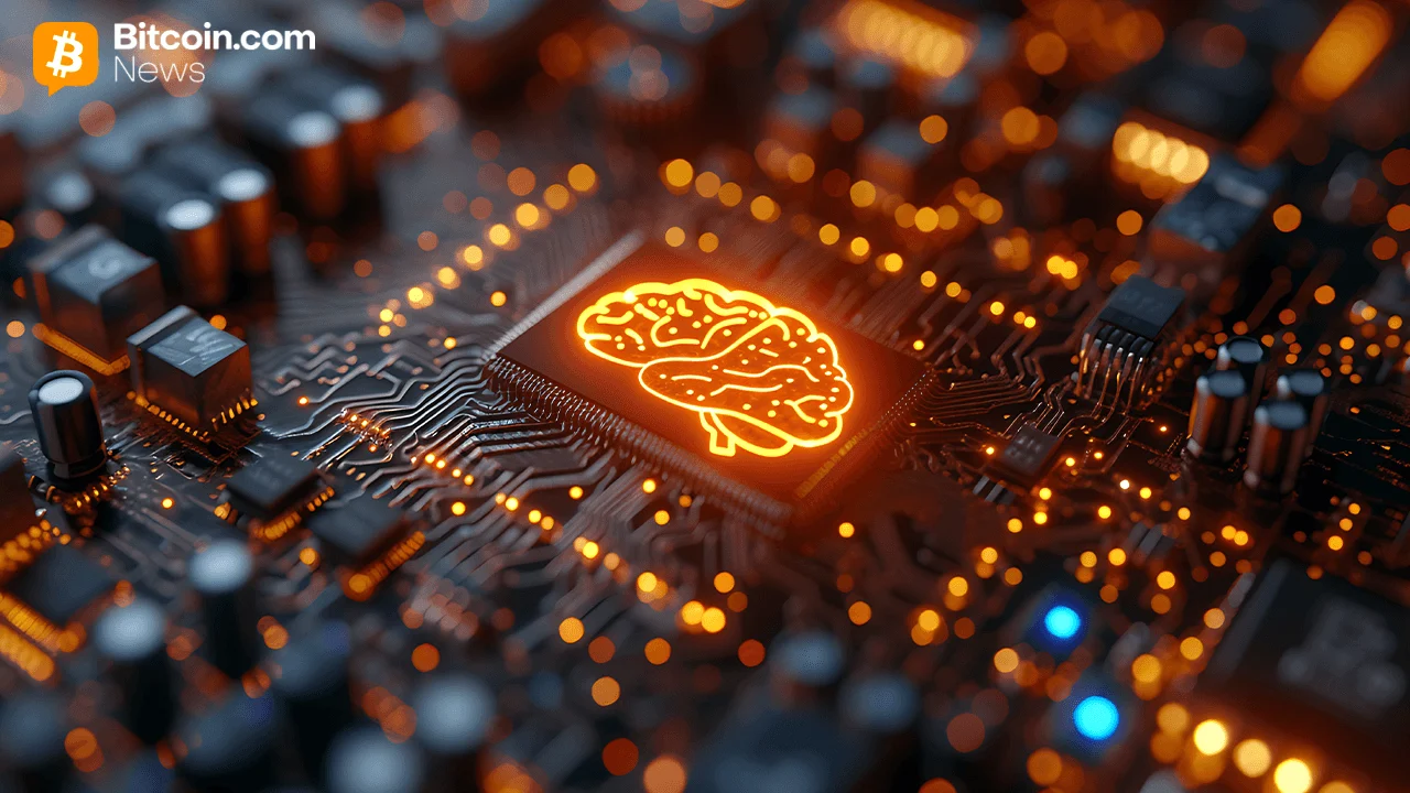 Close-up of an intricate orange and copper microchip processor circuit board featuring a glowing human brain icon at the center.