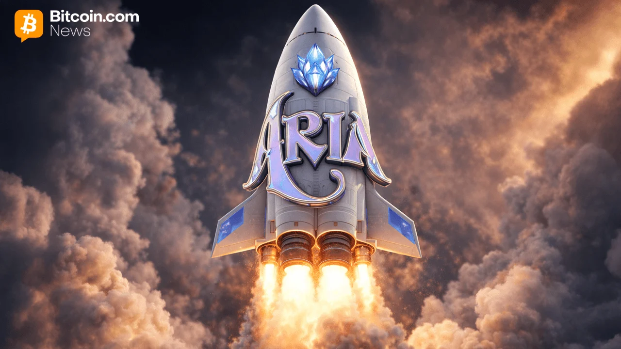 3D rendering of a sleek futuristic silver rocket ship labeled ARIA blasting off into a cloud of smoke.
