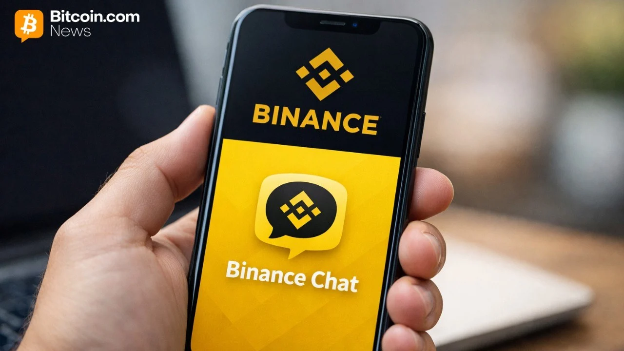 A hand holding an open smartphone displaying the official yellow and black Binance Chat application login screen.