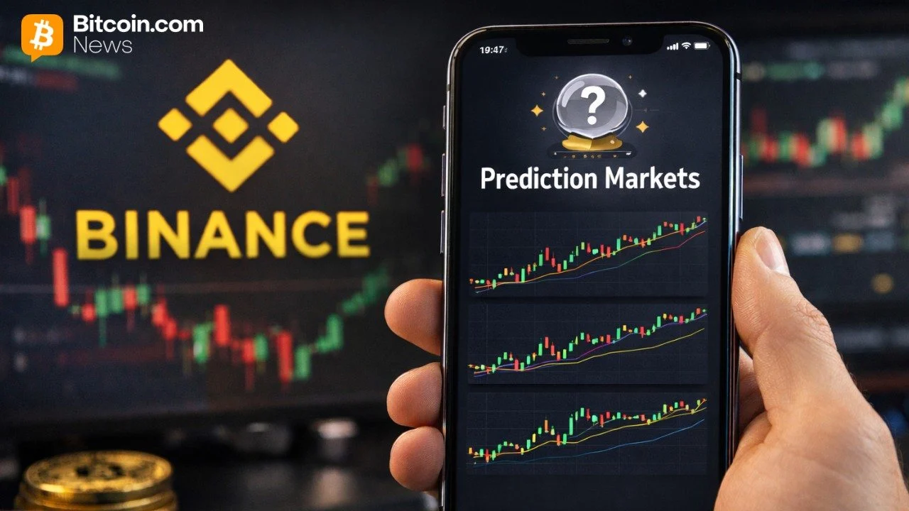 A close-up shot of a smartphone screen displaying active charting metrics under a bold Prediction Markets header title.