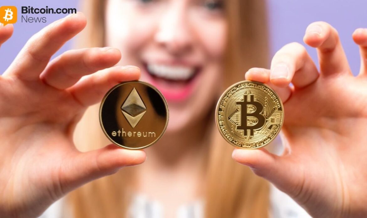 A blurred photo of a smiling woman holding out physical replicas of gold Bitcoin and bronze Ethereum coins in her hands.