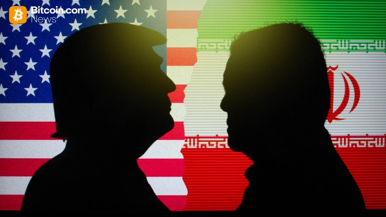 High-contrast silhouette profiles of global political figures facing each other in front of a blurred American and Iranian flag grid.