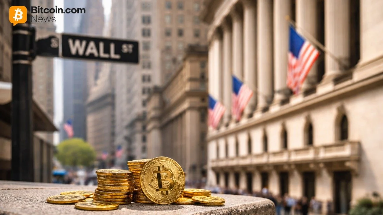 A real-world street shot looking up at a Wall Street street sign with the New York Stock Exchange columns blurred behind it.