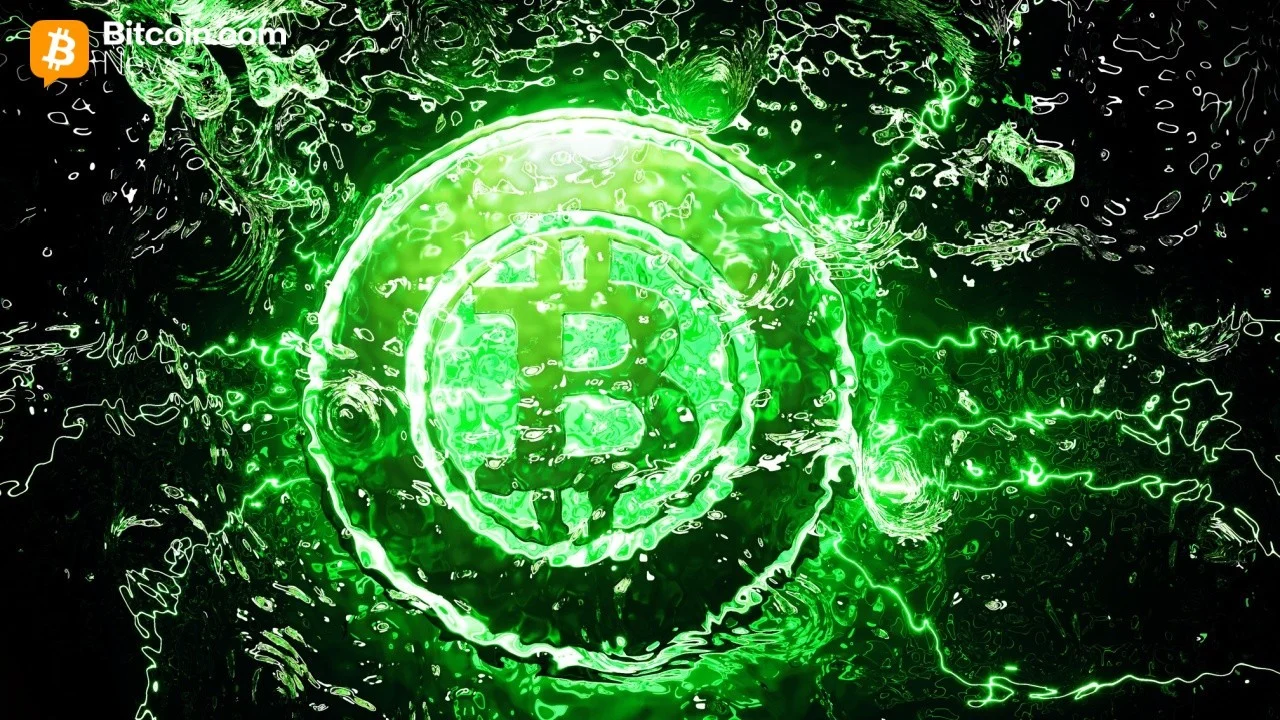 A close-up graphic showing a glowing green circular energy matrix embossed with a large white Bitcoin symbol.