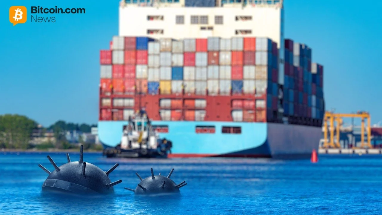 A massive industrial cargo container shipping vessel loaded with colorful freight boxes navigating open blue sea channels.