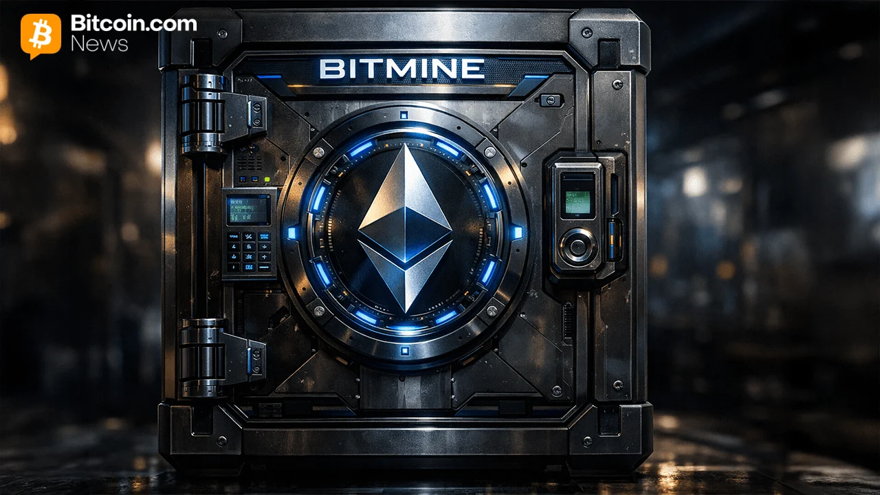 A high-tech black secure server safe room locker door displaying an illuminated silver Ethereum logo badge.