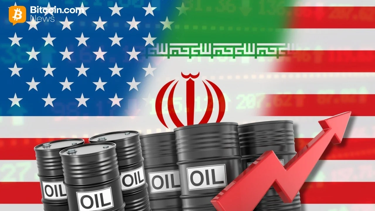 A split-screen graphic showcasing the flags of the United States and Iran overlaying blurred oil production drums.