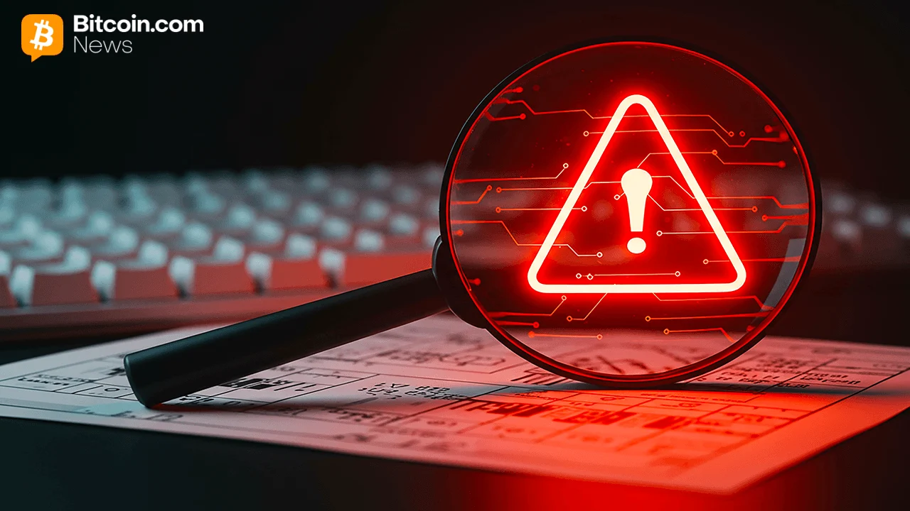 A close-up view looking through a dark lens at a glowing red triangular warning sign with an exclamation point.