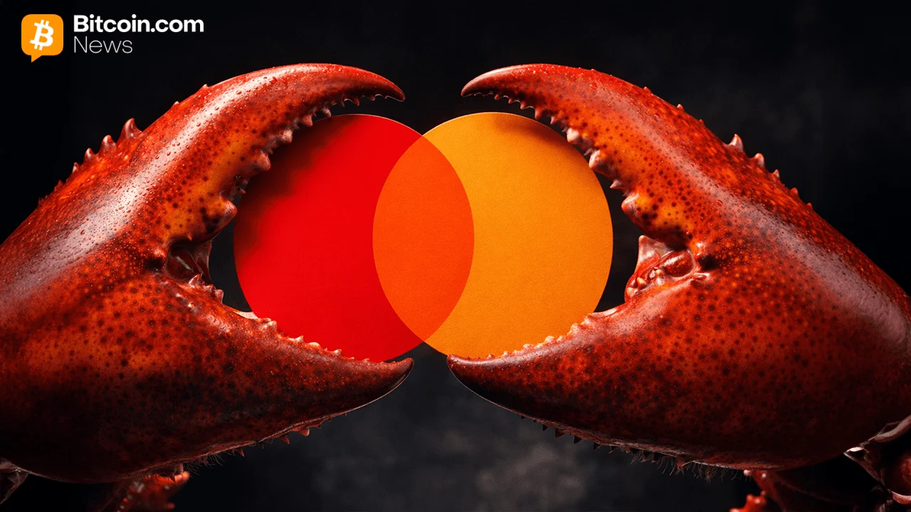 Two giant red lobster claws framing the classic overlapping red and orange circles of the Mastercard logo.