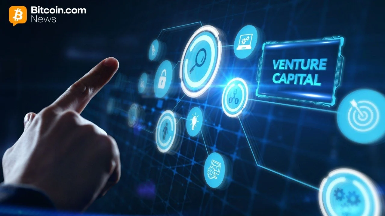 A finger touching an illuminated blue glass touchscreen displaying sleek search icons and the text Venture Capital.
