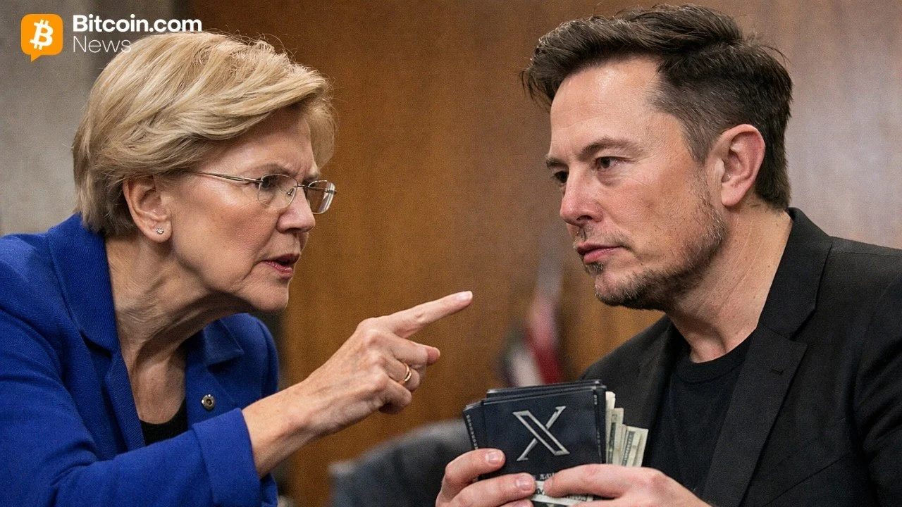 Split photo showing Senator Elizabeth Warren talking next to a listening Elon Musk in a congressional setting