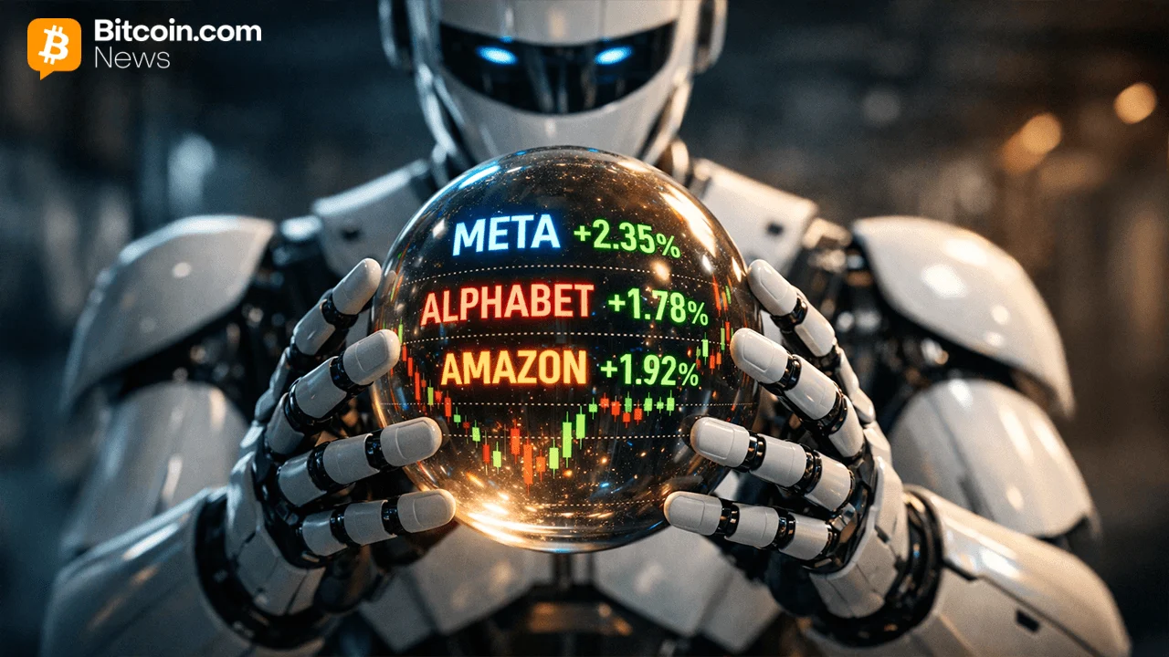 A futuristic white robot avatar holding a glowing glass orb displaying green stock ticker text for Meta, Alphabet, and Amazon.