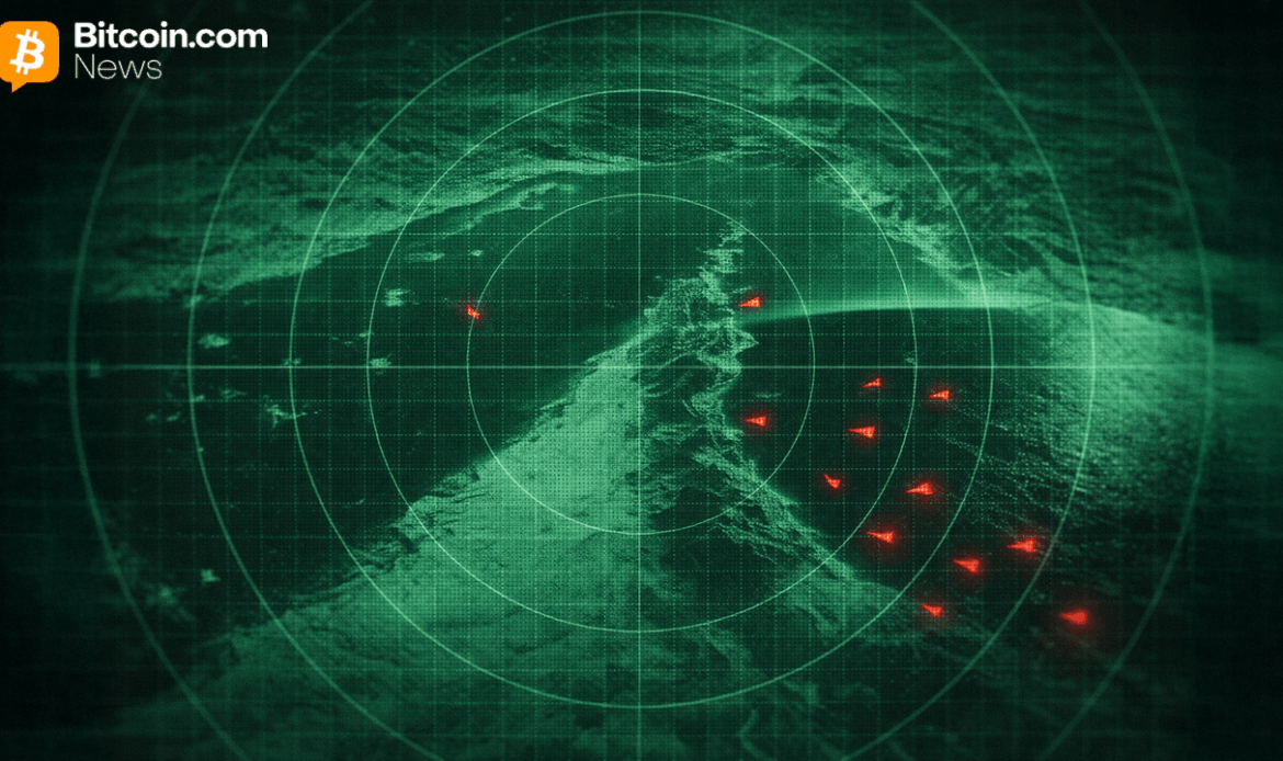 A green glowing military radar screen graphic mapping out vessel positions across a narrow coastal shipping lane.