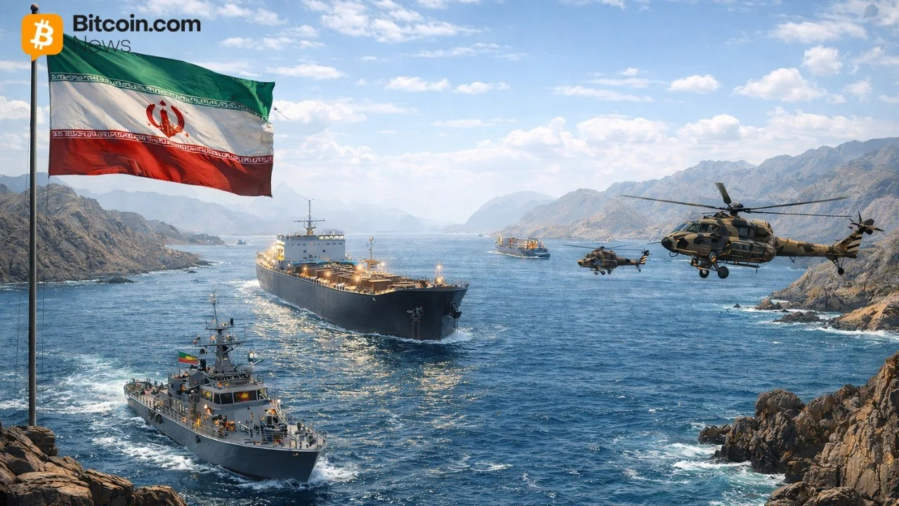 A massive commercial naval shipping vessel sailing through open blue ocean waters under a clear sky with an Iranian flag overlay.