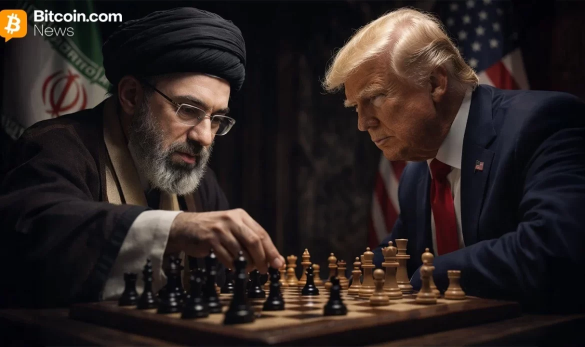 Editorial portrait artwork showing a religious Middle Eastern leader speaking in a split screen next to Donald Trump.