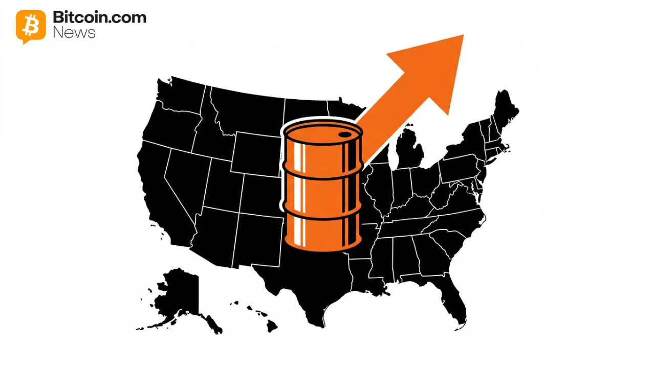 Graphic displaying a black map outline of the United States featuring an orange oil drum and an upward trending arrow