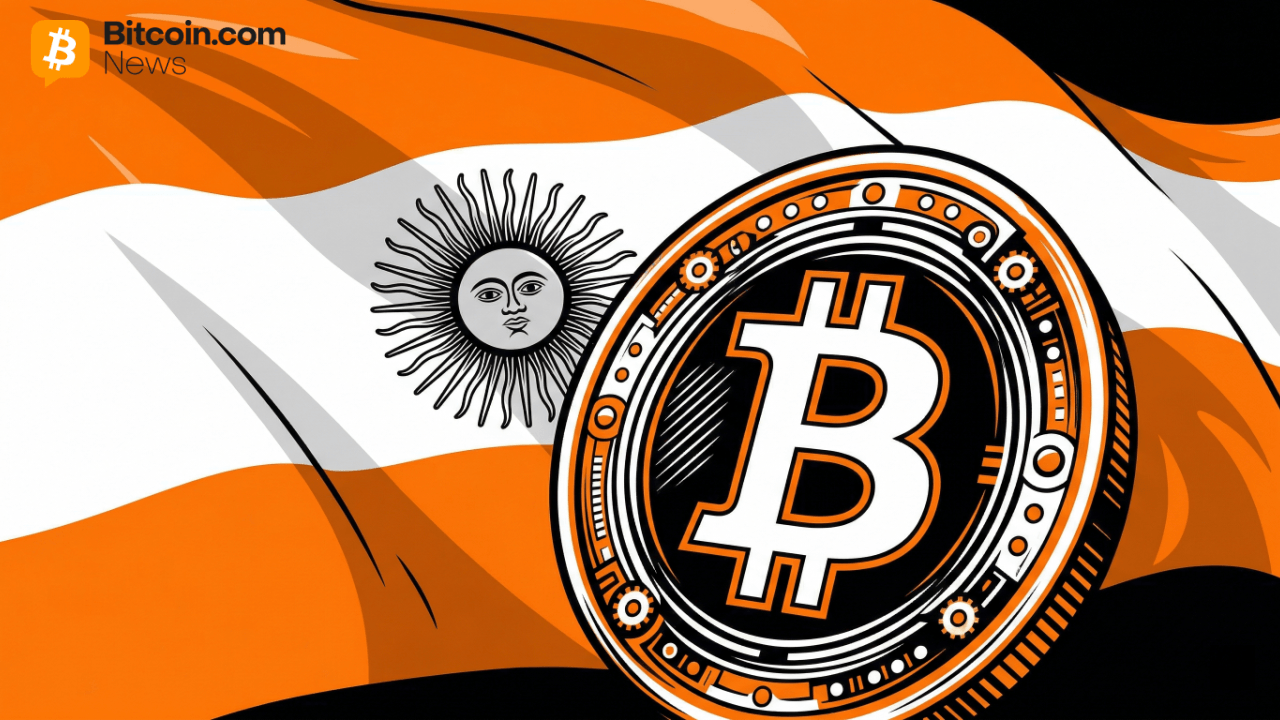 Graphic displaying a large golden Bitcoin symbol superimposed directly over the national flag of Argentina.