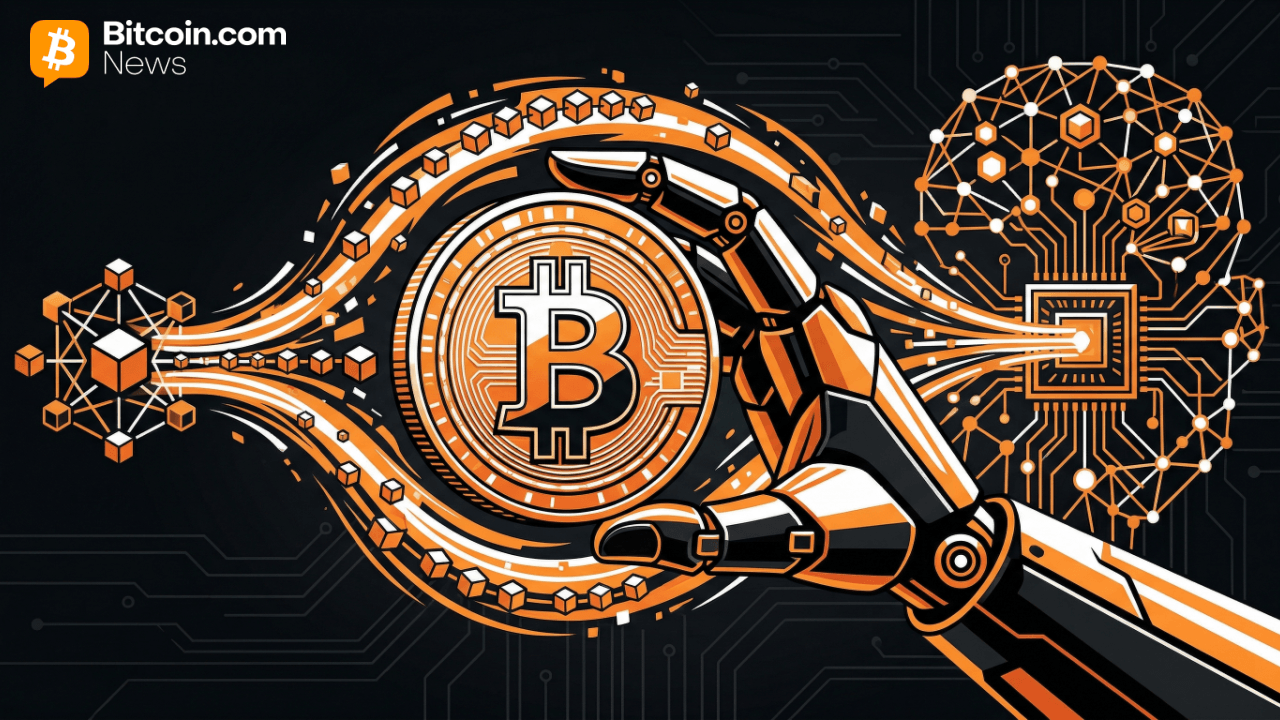 Detailed graphic showing a bright copper-colored Bitcoin coin encased inside futuristic mechanical orange wire loops.
