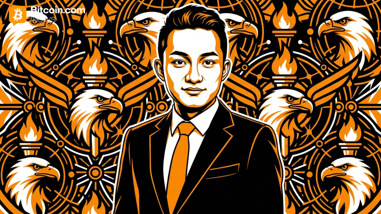 Woodcut illustration of Justin Sun wearing a suit and tie, framed by decorative eagles and patterns.