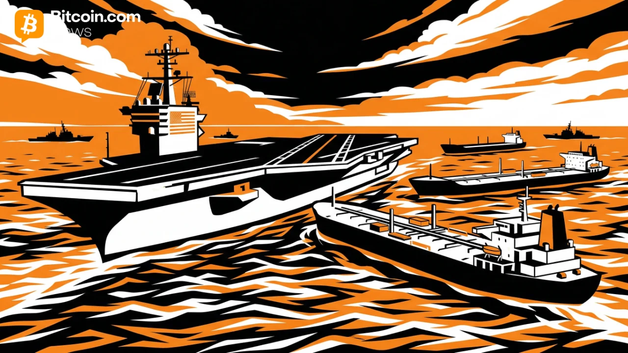 Woodcut style black and orange illustration of a massive naval aircraft carrier ship cruising on stormy sea waters.