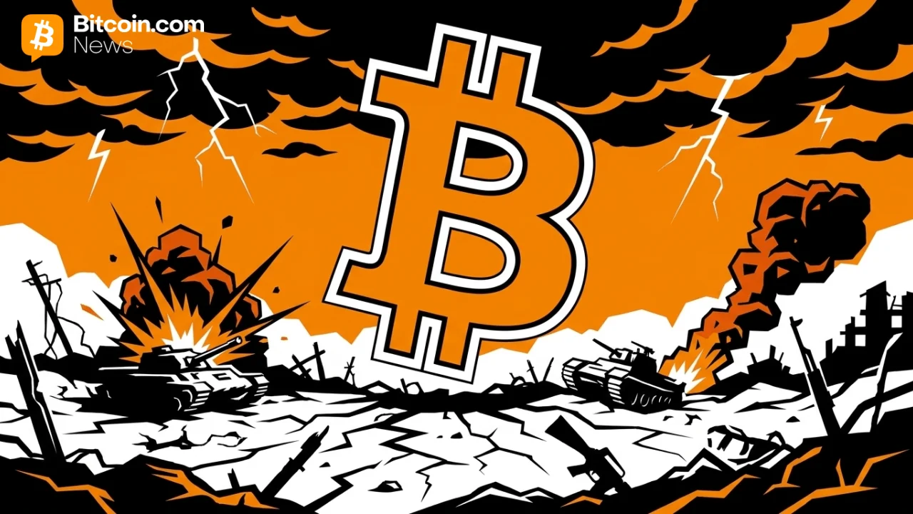Stylized orange comic book Bitcoin logo popping out over a background of massive rocky mountain explosions.