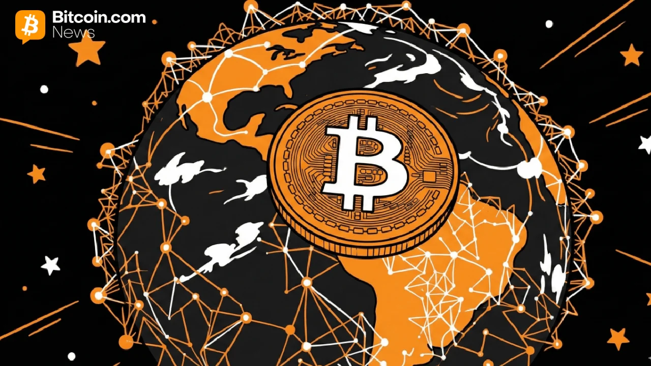 Graphic chart showing a golden Bitcoin logo over an illuminated global map network grid connection.