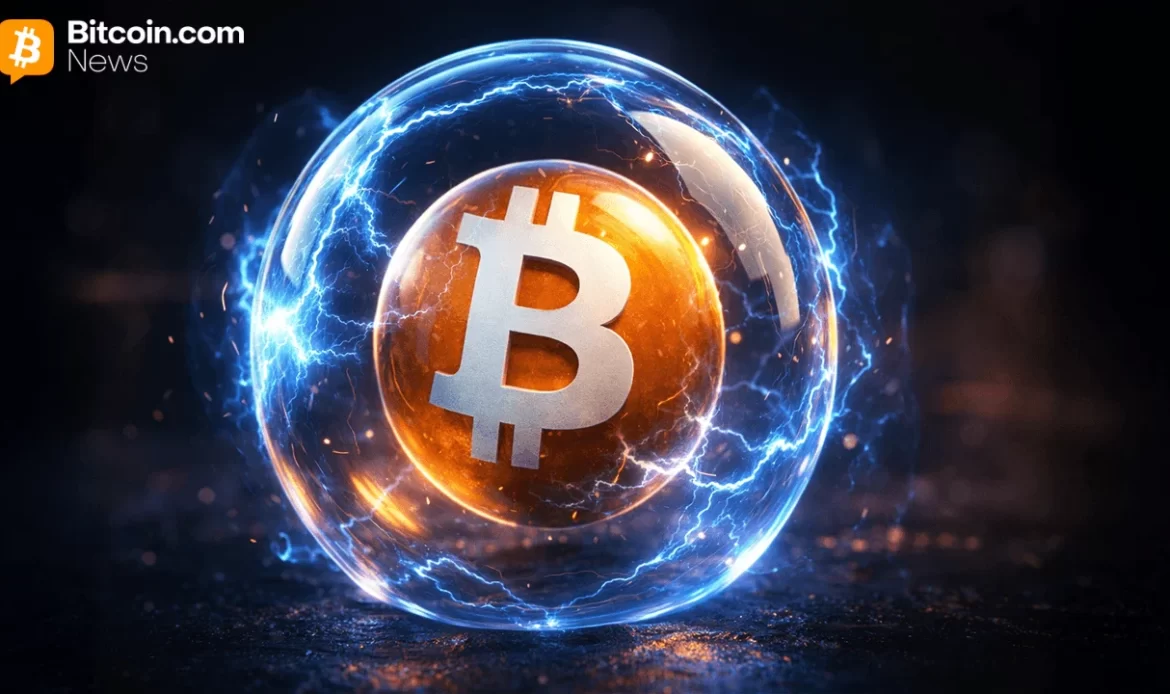 A beautiful 3D render showing a bright orange Bitcoin icon safely enclosed inside an energetic, glowing blue lightning orb.