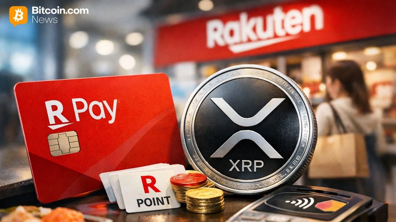 Close-up of a physical shiny silver XRP coin resting in front of a blurry red Rakuten corporate logo backdrop.
